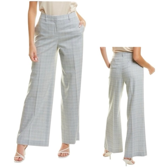LAFAYETTE 148 NEW YORK Dalton Wide Leg Wool Blend Blue Mutli Color Plaid Pant 12 - Picture 1 of 10